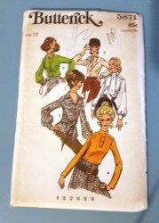 5871 Butterick SOFT 70S 5 LONG SLEEVE BUTTON BLOUSES PATTERN 12, 10 choice uncut